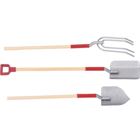 Ensemble de 3 outils agricoles miniatures robustes en alliage avec manche en bois, pour maison de poupée et jardin, idéal pour les jeux de décoration. (1/5)