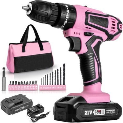 Akku-Bohrschrauber, 12-V-Akku-Bohrschrauber-Set mit 25+1 Drehmomentstufen, 2 Geschwindigkeiten, Heimwerker-Zubehörset, Pink (1/4)