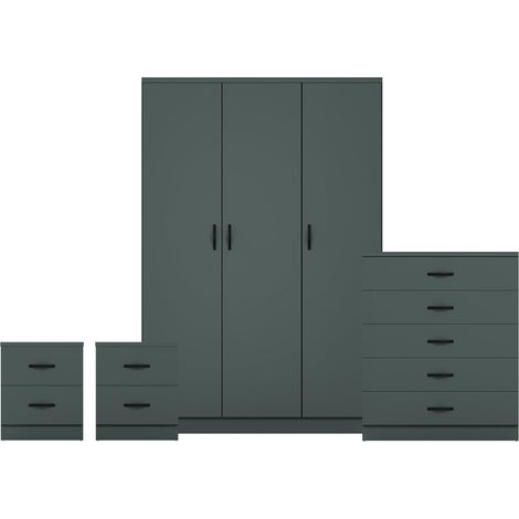 Riano 4 Piece Bedroom Set (2 Drawer Bedside Chest, 5 Drawer Chest, 3 Door Wardrobe), Green (1/3)