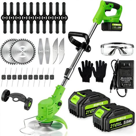 Akku Rasentrimmer mit Akku und Ladegerät, 3-in-1 Elektrischer Akku Freischneider &amp Rasentrimmer Rasen mit 2X Akku, Metall Messer, Verstellbarer, AkkuMotorsense für Rasenschneiden Garten, Hof