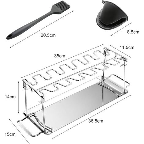 Zusammenklappbarer Hähnchenschenkelhalter aus Edelstahl mit Platz für 14 Hähnchenschenkel oder -flügel zum Grillen oder Backen, inklusive Fettauffangschale, Handschuhen und Silikonbürste (1/4)