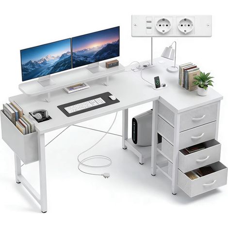 Bureau en forme de L avec étagère pour écran pour bureau, 140x80 cm bureau en forme de L avec prise et tiroirs en tissu, Blanc (1/5)