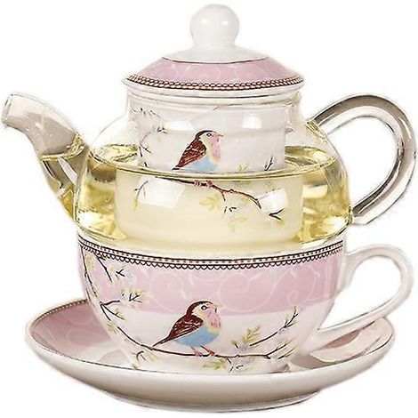 Théière en céramique rose avec motif floral, tasse et soucoupe assorties. (1/5)