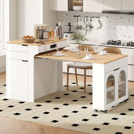 Meuble de bar extensible 55-153x80x93 cm avec prises, Îlot de cuisine rangements et roulettes, MDF et verre, blanc (1/5)