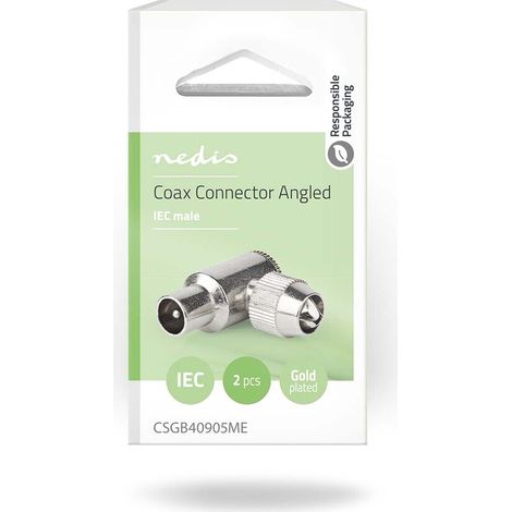 Nedis IEC (Coax) Stecker / 90° abgewinkelt / Stecker / Vernickelt / 75 Ohm / Schraube / Kabeleingangsdurchmesser: 7.0 mm / Metall / Silber / 2 Stück / Box