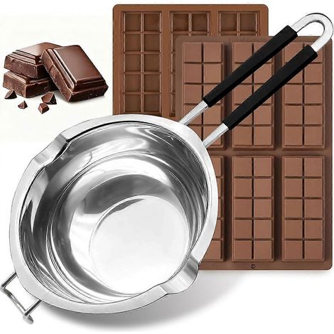 Marmite à double bain-marie de 1200 ml (1,1 qt) avec 2 moules à barres de chocolat en silicone, pot à fondre le chocolat en acier inoxydable (1/5)