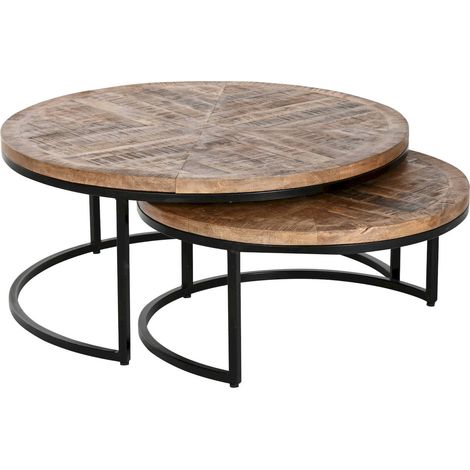 Table gigogne mango et métal pour salon chic - Noir métallique et bois naturel (1/5)