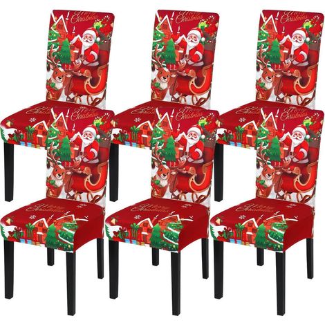 Housses de chaise de Noël extensibles pour salle à manger, lot de 6, motif Père Noël et renne (1/5)