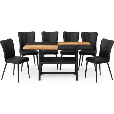 Set tavolo da pranzo rettangolare 160 cm con vano portaoggetti, 6 sedie PU nere (1/5)