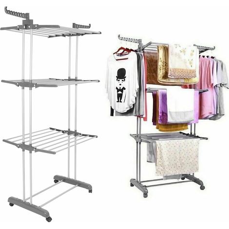 Étendoir à Linge, Séchoir à Linge pour Intérieur et Extérieur, Grande Capacité, Montage Facile, 4 Niveaux Pliable en Acier Inoxydable avec roulettes et Ailes Latérales (1/5)