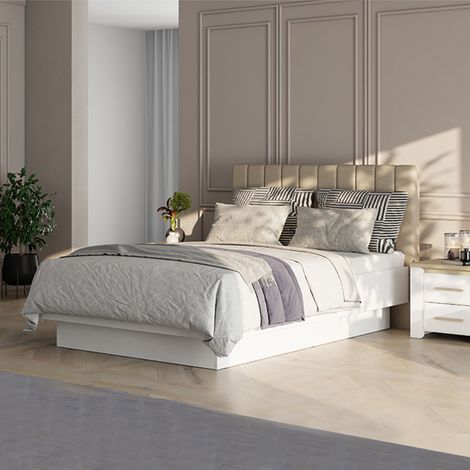 Cama Doble Byron, Tamaño Colchón 160x200 cm, Cabecera Tapizada, Acolchada, Blanca (1/5)