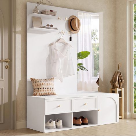 Garderobe d'entrée 120 x 35 x 159 cm avec miroir, 5 crochets, 2 tiroirs, rangement à chaussures, effet - blanc (1/5)