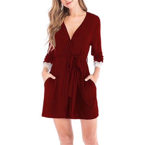 Robe De Bain - Col En V - Manches Trois Quarts - Bordure En Dentelle - Rouge Vin - Taille Unique (1/5)