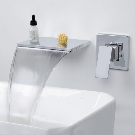 Robinet Mural Salle de Bain Robinet Cascade Lavabo Mélangeur Laiton Robinet Encastré Mitigeur Avec 20 cm Bec Extra Large,Chromé 4M1OK (1/5)