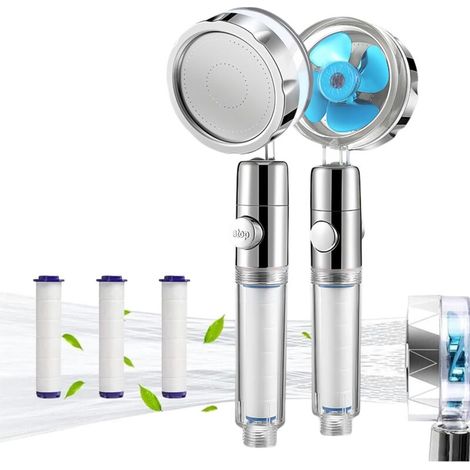Pommeau de douche filtrant 360° à économie d'eau - Rotatif - Avec fonction d'arrêt - Anticalcaire - Protège la peau et les cheveux - Bleu (1/5)