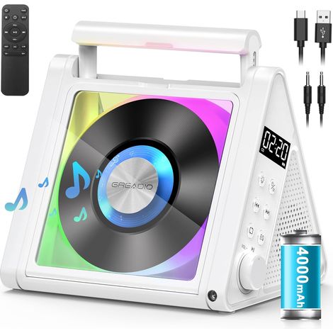 Lecteur CD portables pour la maison, système Hi-Fi 2 × 10 W avec Bluetooth 5.3, lecteur CD rechargeable de 4000 mAh, radio FM, USB, AUX, télécommande, éclairage RGB, lecteur CD d'intérieur (1/5)