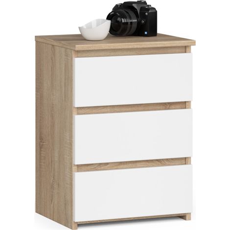Mesita de noche AKORD CL3 Roble Sonoma 40 cm 3 cajones frente en color Blanco 40x35x57 cm