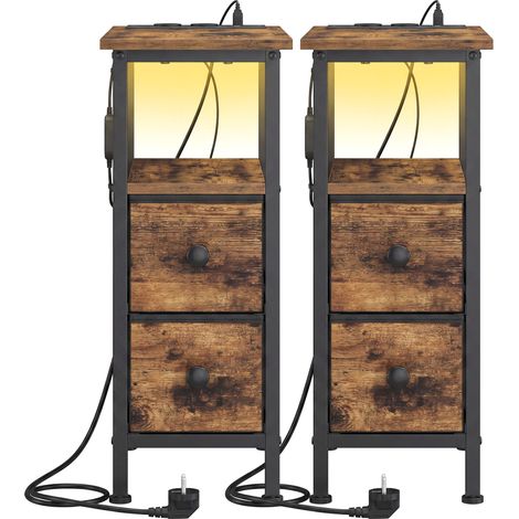 Lot de 2 Tables d'Appoint Étroites avec LED et Prises, 2 Tiroirs, 21,6 x 46 x 60,4 cm, Marron Rustique (1/5)