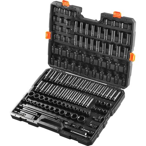 Jeu de douilles à chocs 130 pièces 3/8" et 1/2" - SAE et métrique, acier chromé-molybdène, marquages lisibles, coffret de rangement inclus. (1/5)