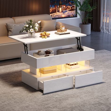 Table basse relevable avec rangement caché et 2 tiroirs – Plateau blanc brillant en MDF et acrylique, LED intégré, 100x50x46 cm