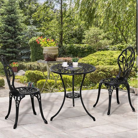 Ensemble bistrot jardin 2 places avec table ronde et 2 chaises pliantes en aluminium noir, pour balcon et terrasse, avec trou parasol  CHICFURN (1/5)