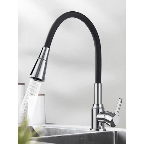 Robinet d'évier de cuisine Mélangeur de cuisine noir Bec pivotant à levier unique Robinet de cuisine Fini chromé Laiton massif avec raccords standard britanniques Pliage pivotant universel (1/5)