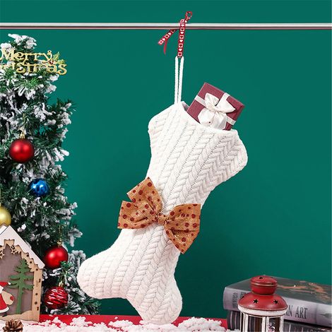 Chaussette De Noël En Tricot Forme D Os - 42 X 22 Cm - Pour Chiens Et Chats - Blanc Rouge Vert - 1 Pièce (1/5)