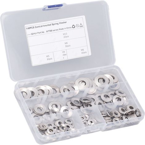 140 rondelles élastiques coniques moletées en acier inoxydable, 5 types différents, M4, M5, M6, M8, M10 (1/5)