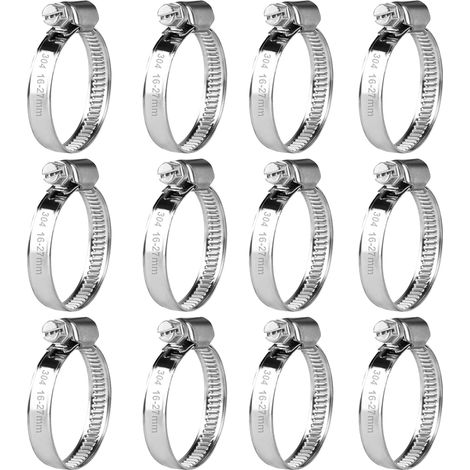 12 abrazaderas ajustables para mangueras de 16-27 mm, abrazaderas de acero inoxidable, abrazaderas de tornillo metálicas, pernos para mangueras de gasolina, diésel y piscinas. (1/5)