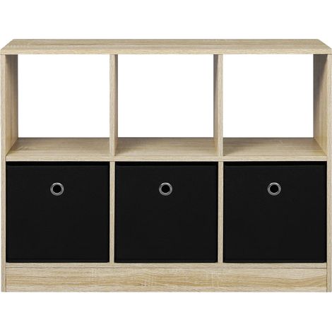Estantería de cubos con 3 cajones de tela 80 x 30 x 61 cm, roble claro y negro, MODENUIT (1/5)