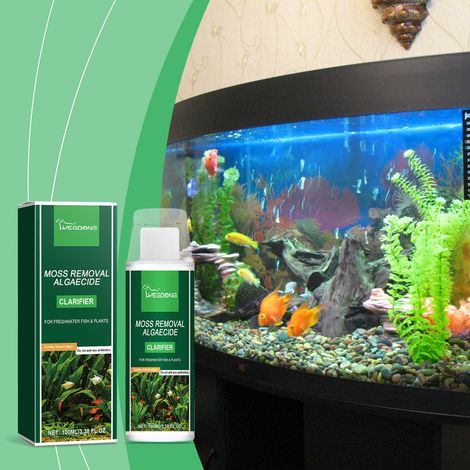Élimine les algues et clarifie l'eau des aquariums. Nettoie les algues filamenteuses vertes et brunes, les algues noires et la mousse verte purifie l'eau sans nuire aux poissons. – 100 ml + gobelet d (1/5)