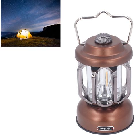 Retro-Campinglampe, wiederaufladbare LED, wasserdicht, batteriebetrieben, 3 Leuchtmodi, tragbar, Helligkeit einstellbar, Hängelampe für Zelt, Terrasse/Garten/Rasen/Kamin, braun (1/5)