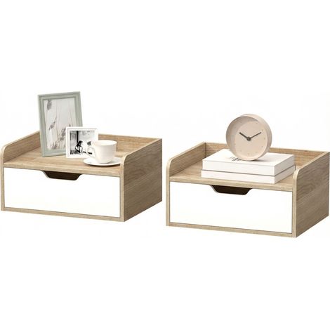 Set aus 2 wandmontierten Nachttischen aus Naturholz, 40 x 30 x 19,5 cm, mit Schublade und erhöhter Tischplatte