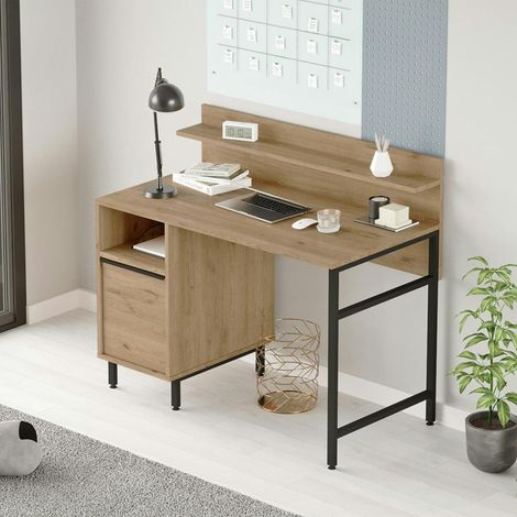 Bureau moderne décor bois avec rangement et étagère JENA (1/5)