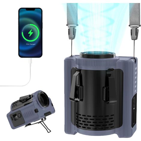 Ventilateur de cou à 5 vitesses, batterie rechargeable 10 000 mAh, avec clip, batterie externe, éclairage LED, mode mains libres pour le camping, la pêche et autres activités de plein air – Bleu (1/5)