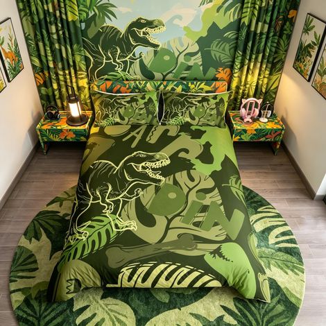 Parure de lit en lin pour lit double avec housse de couette à motif de dinosaure jurassique T-Rex, animaux préhistoriques de la jungle, pour enfants, garçons et filles (1/4)