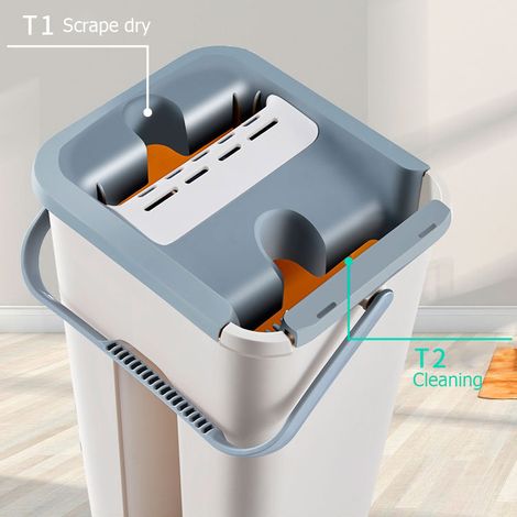 Balai-serpillère plat mains libres pour personnes paresseuses, balai-serpillère à raclette, seau à balai en microfibre + balai + 6 chiffons (1/5)