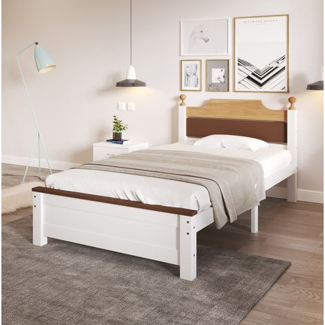 Bett 90x200 cm im Color-Blocking-Stil, aus Massivholz und MDF in Weiß, mit Kopf- und Fußteil, 15 Latten (1/5)