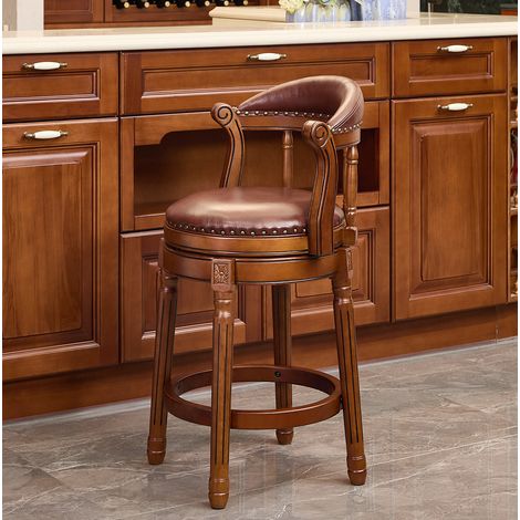 Sgabello da bar girevole a 360° con schienale, pelle e legno marrone HAVRYA (1/5)