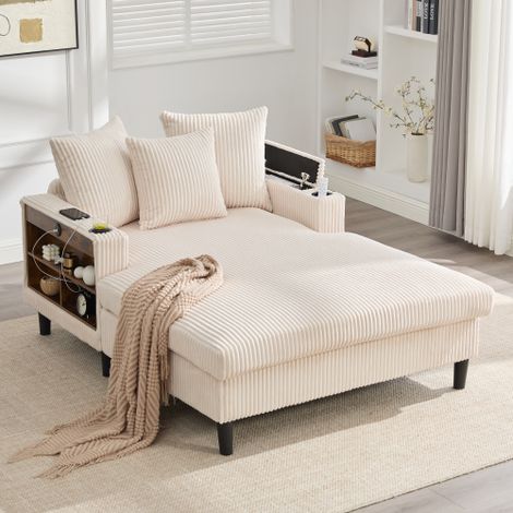 Multifunktionale Cord-Lounge mit Chaiselongue mit großer Liegefläche,beidseitige Getränkehalter, LED-Beleuchtung, Seitentasche, Stauraum,USB-Ladeport,stabile Kunststofffüße – vielseitig einsetzbar.