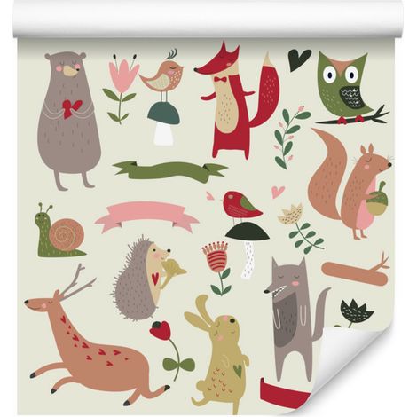 Carta da parati con animali del bosco e cuori per soggiorno e camera da letto, 50x1000 cm (1/5)