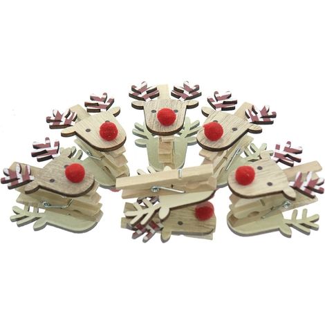 Boltze – Décoration cerf Arvo sur pince, lot de 6 – Naturel, ramure rouge à rayures blanches, contreplaqué (1/3)