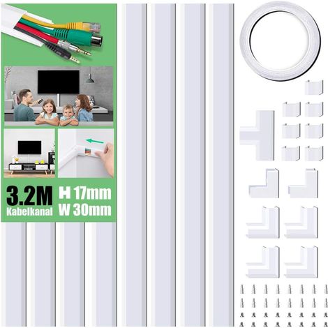 Cache Fil Electrique, Goulotte Passe Cable Mural, Cache-Fil TV Mural en PVC Ignifuge, Installation Adhésive ou par Vis, Gestion des Câbles pour Maison et Bureau, Blanc, 30 × 17 × 400 mm (1/5)