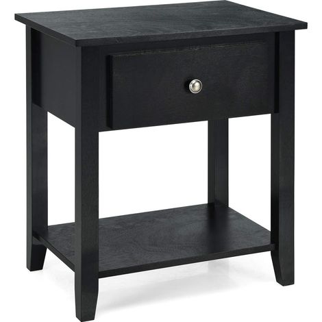 Narrow Side End Table Accent Table with 1 Drawer & Open Storage Shelf & Solid Pine Wood Legs Black (1/5)