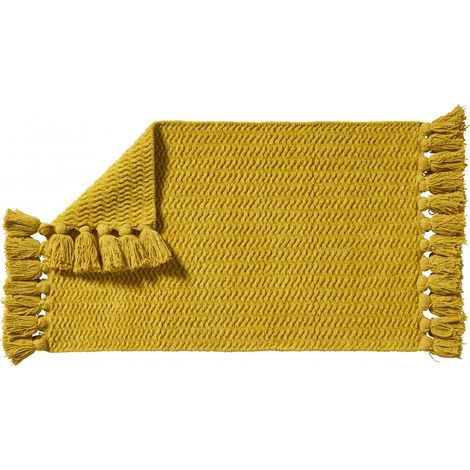 Tapis de bain déco uni à pompons en coton chenille jaune moutarde 50x80cm