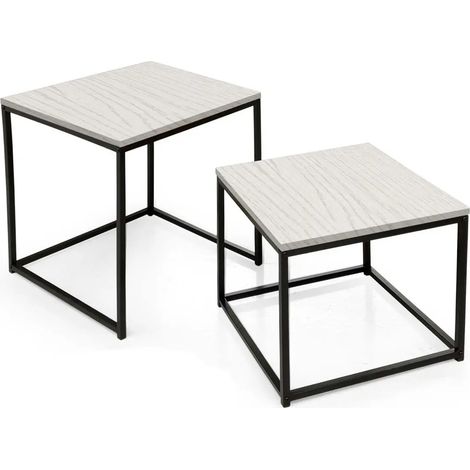 Set 2 tavolini in metallo con piani in legno bianco cm 50x50x51h e 44x44x38h
