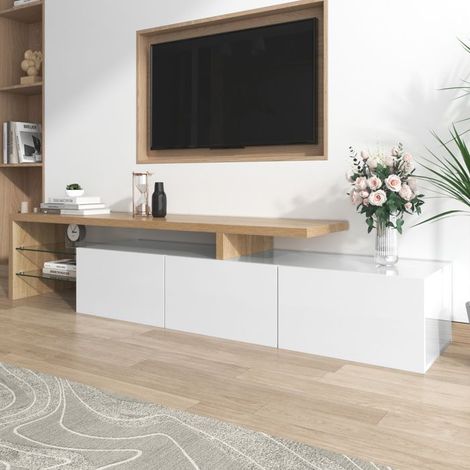Mobile TV moderno, bianco lucido, effetto legno, 3 porte, ripiani in vetro, illuminazione LED, mobile da soggiorno, 195 x 39 x 42 cm