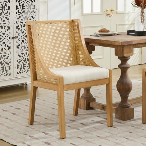 Chaises de salle à manger en rotin, structure en bois massif avec accoudoirs décoratifs, assise recouverte de lin, style rustique, pour la cuisine, la salle à manger ou le salon, finition naturelle be (1/5)