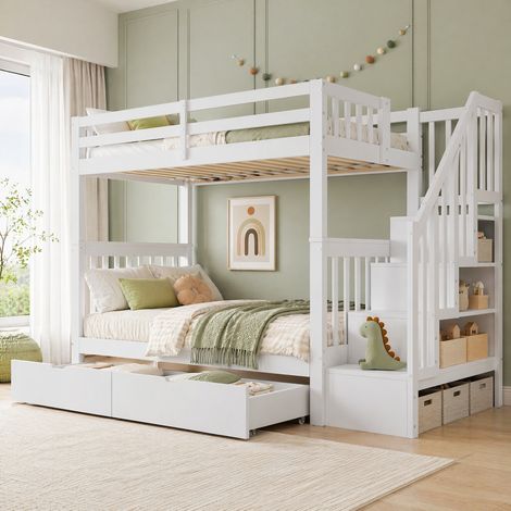 Cama alta de pino y MDF blanca 90x200 cm con escalera-estantería, 2 cajones y barandillas altas (1/5)