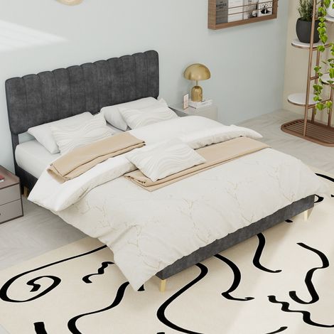 Lit double 140x200 cm Tête de lit rembourrée Tissu et métal Design confortable gris (Sans matelas) (1/5)